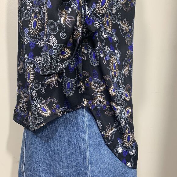 Faded Glory Black Blue Paisley Print Blouse Size S (4-6) 3/4 Sleeve 100% Poly - Picture 5 of 7